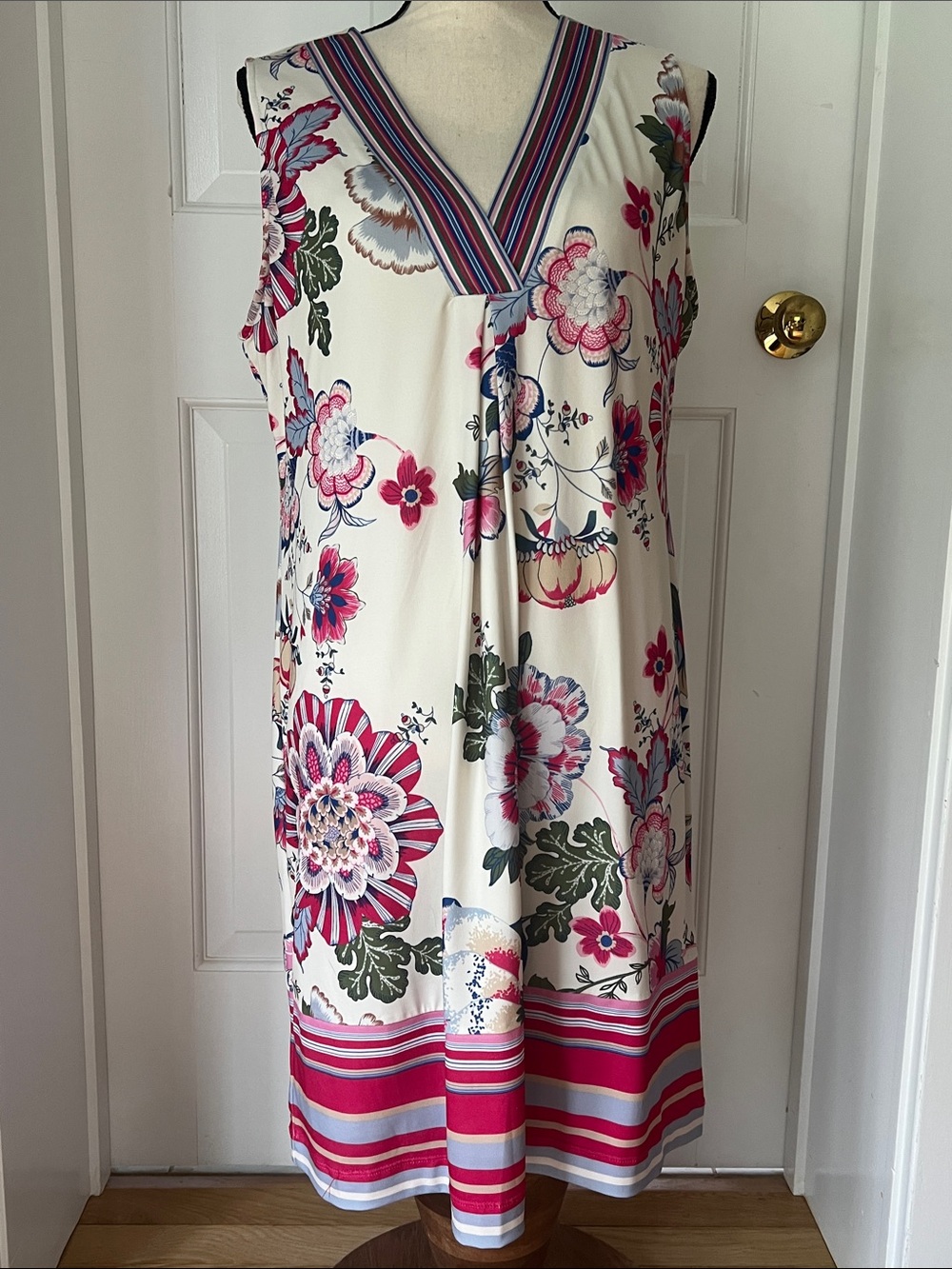 Halle Bob Cream Floral Sleeveless Shift Dress, Pink/Blue Stripe Accents, Size L